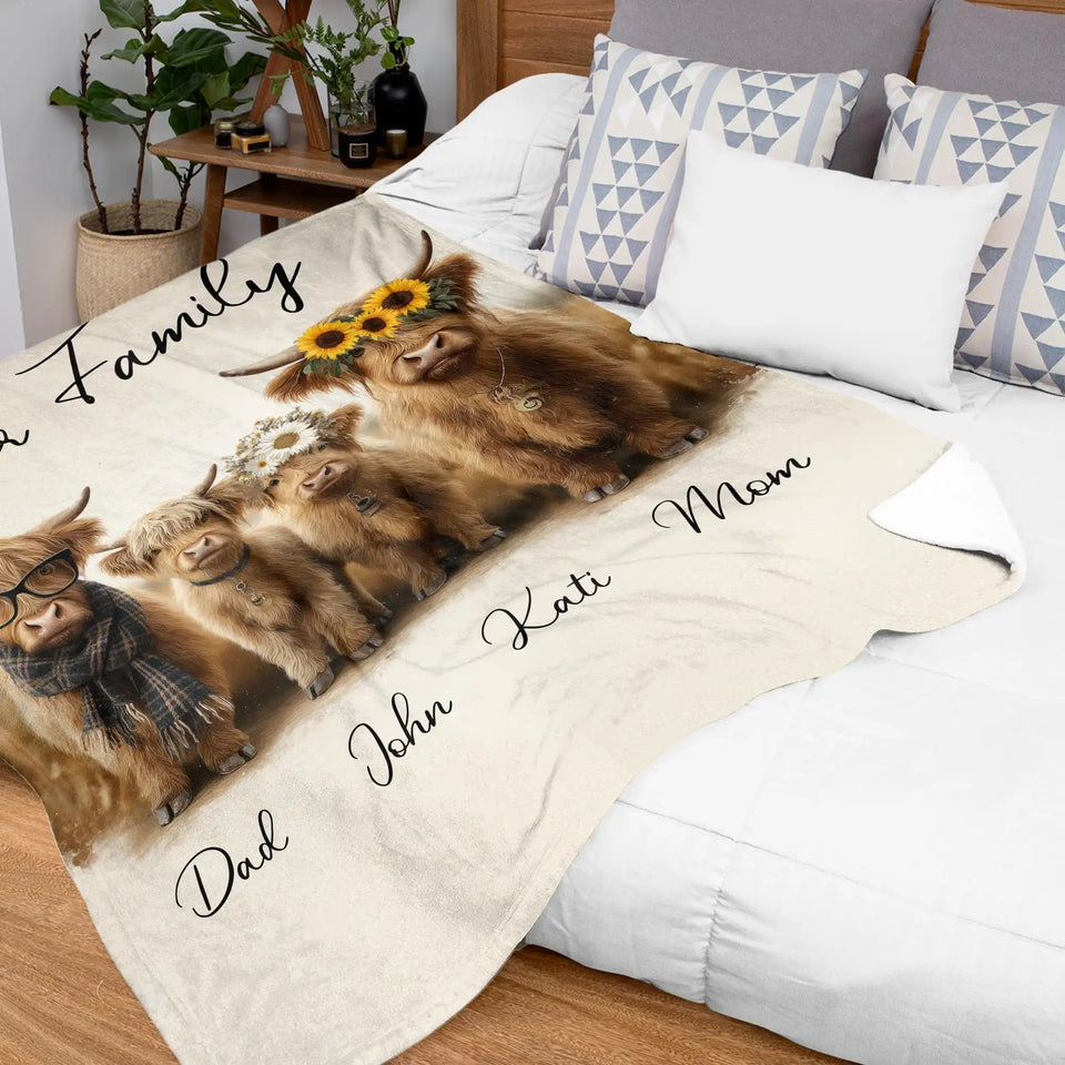 Personalized Highland Cow Family Blanket – Custom Names Family Gift