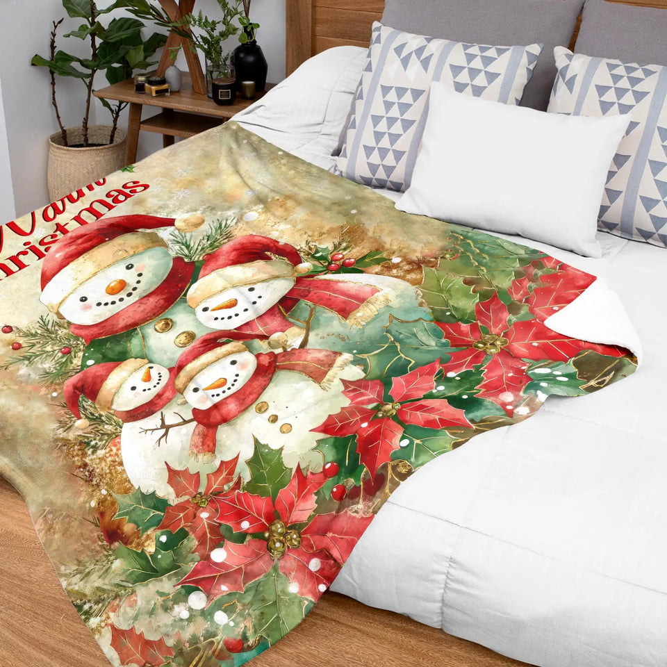 Warm Christmas Snowman Family Blanket – Rustic Poinsettia Holiday Throw