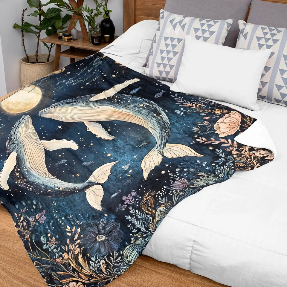 Personalized Whale Couple Blanket – Custom Names Moonlit Ocean Gift