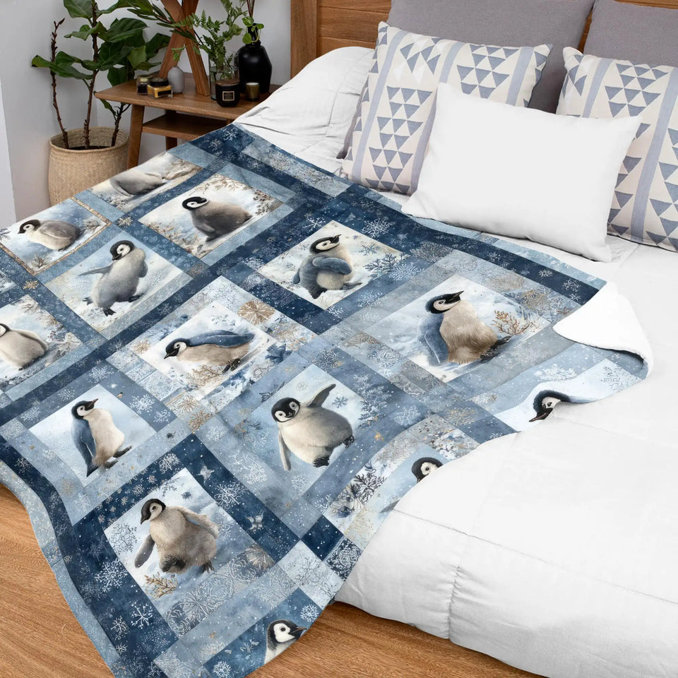 Penguin Winter Blanket – Blue Snowflake Patchwork-Inspired Throw