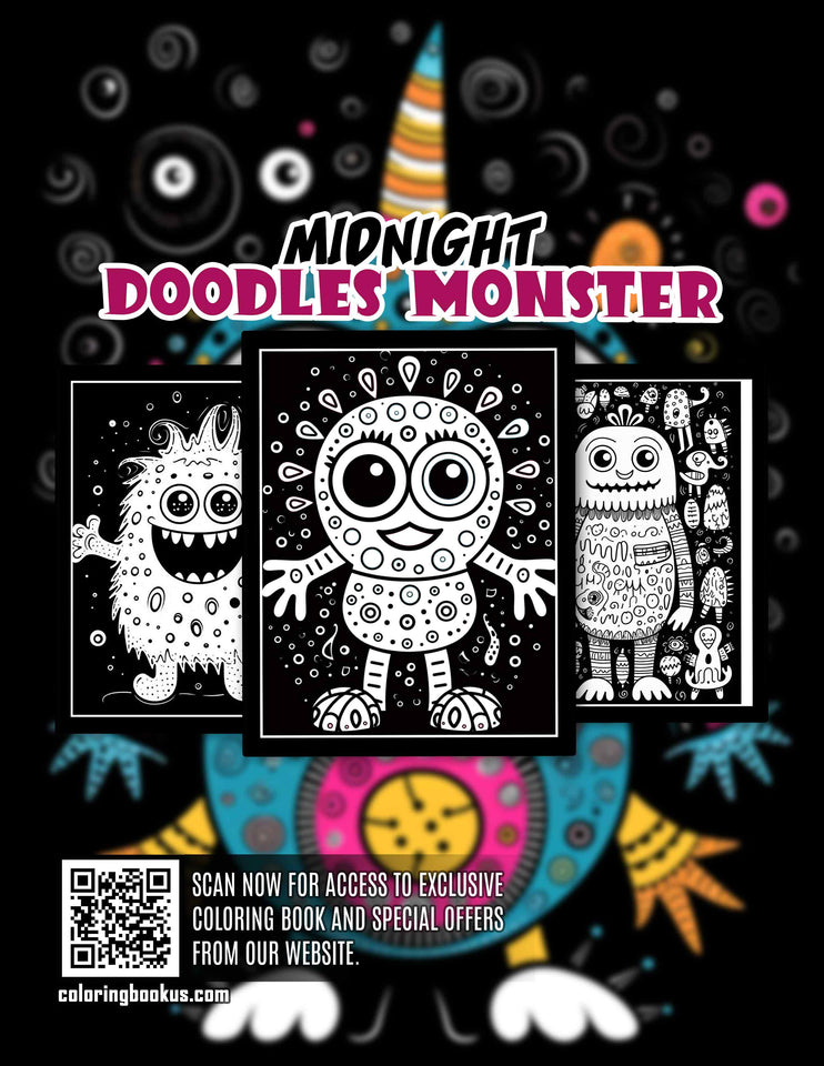 Midnight Doodles Monster 30 Pages Printable Coloring Book