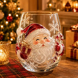 3D Santa Claus Christmas glass cup with raised holiday design
