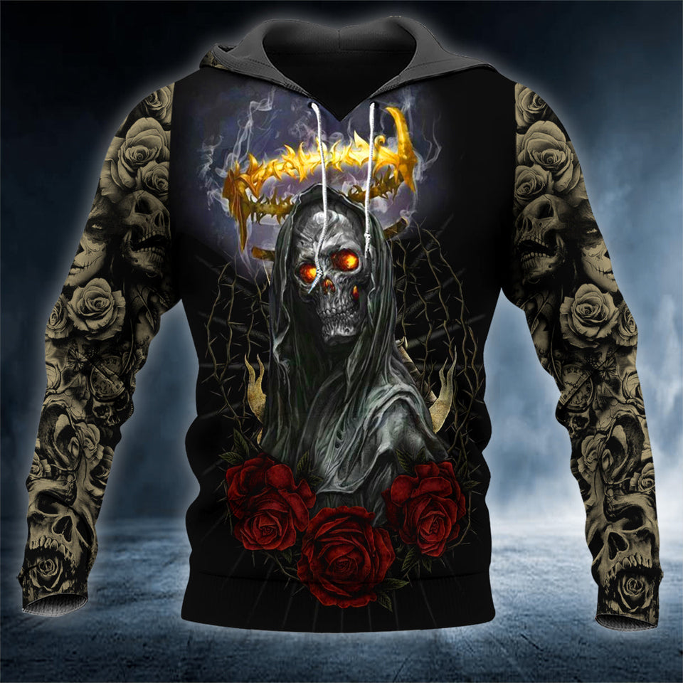 Roses Fire Eyed Grim Reaper Ghost Skull 3D All Over Printed Unisex Hoodie US Size