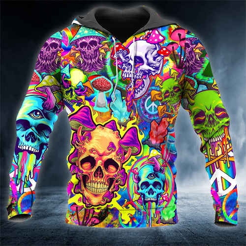 Colorful Psychedelic Magic Mushroom Trippy Skull 3D All Over Printed Unisex Hoodie US Size