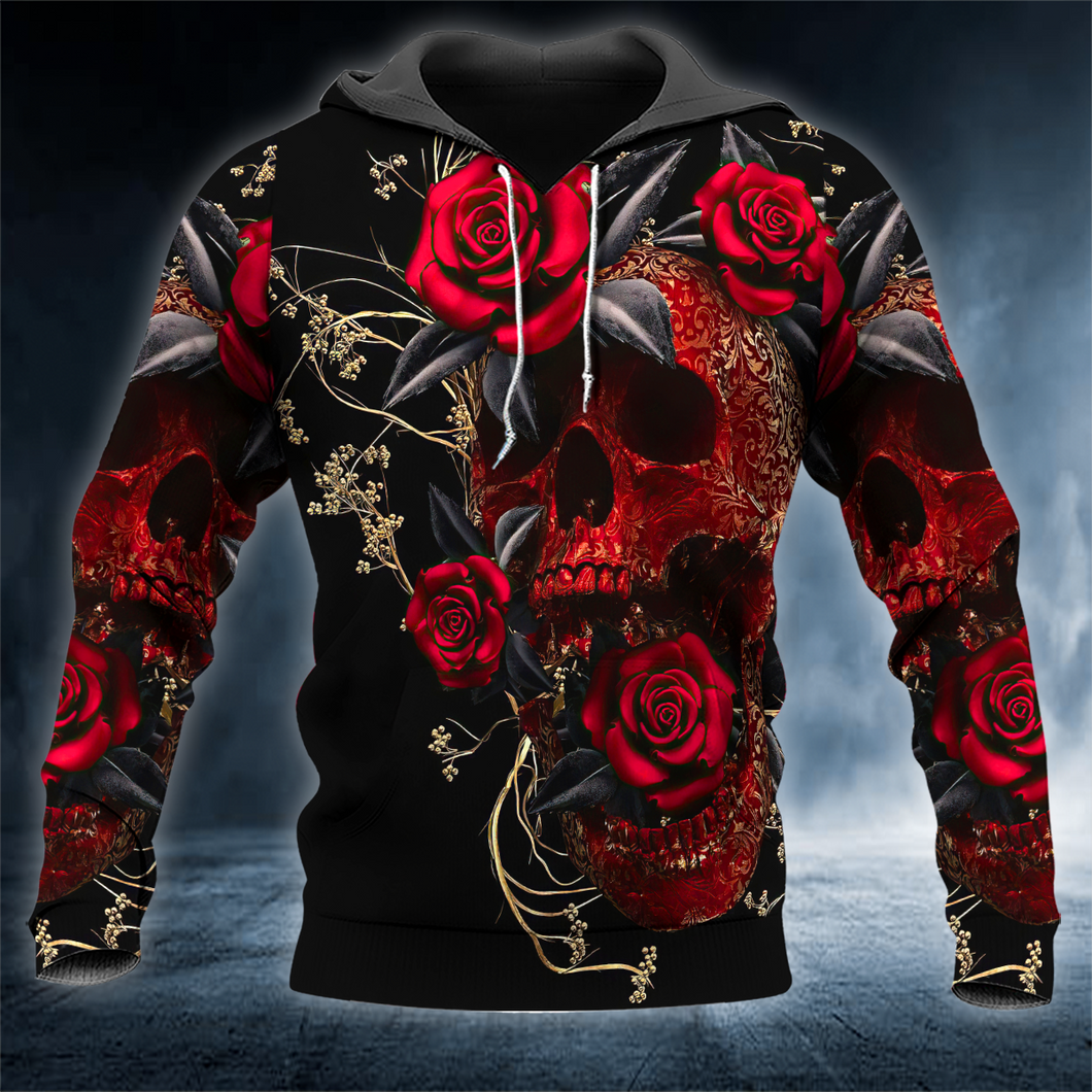 Red Roses Cameo Gothic Skull 3D All Over Printed Unisex Hoodie US Size