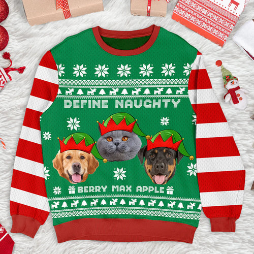 Define Naughty Photo Ugly Christmas Sweatshirt, Christmas Gift - Personalized Custom Photo - Christmas Gift For Pet Lovers, Pet Lovers