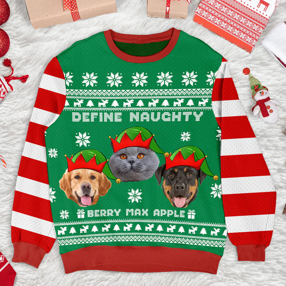 Define Naughty Photo Ugly Christmas Sweatshirt, Christmas Gift - Personalized Custom Photo - Christmas Gift For Pet Lovers, Pet Lovers
