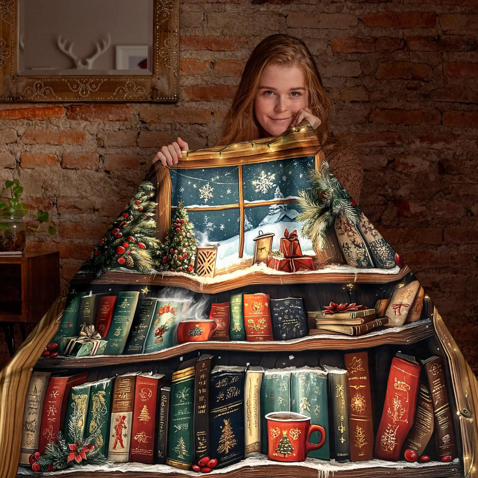 Christmas Bookshelf Blanket – Vintage Library Winter Holiday Throw for Book Lovers