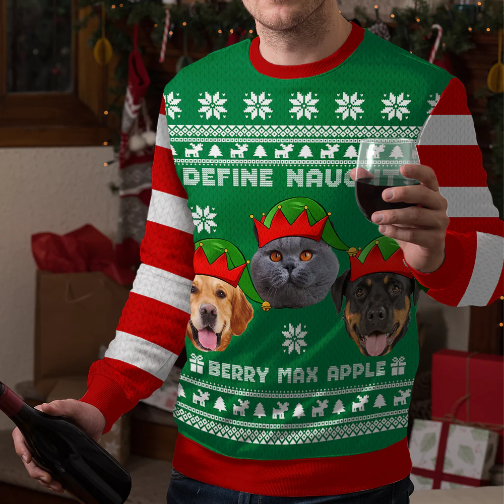 Define Naughty Photo Ugly Christmas Sweatshirt, Christmas Gift - Personalized Custom Photo - Christmas Gift For Pet Lovers, Pet Lovers