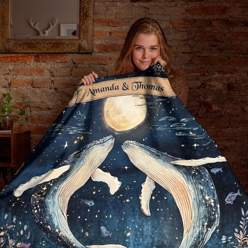 Personalized Whale Couple Blanket – Custom Names Moonlit Ocean Gift