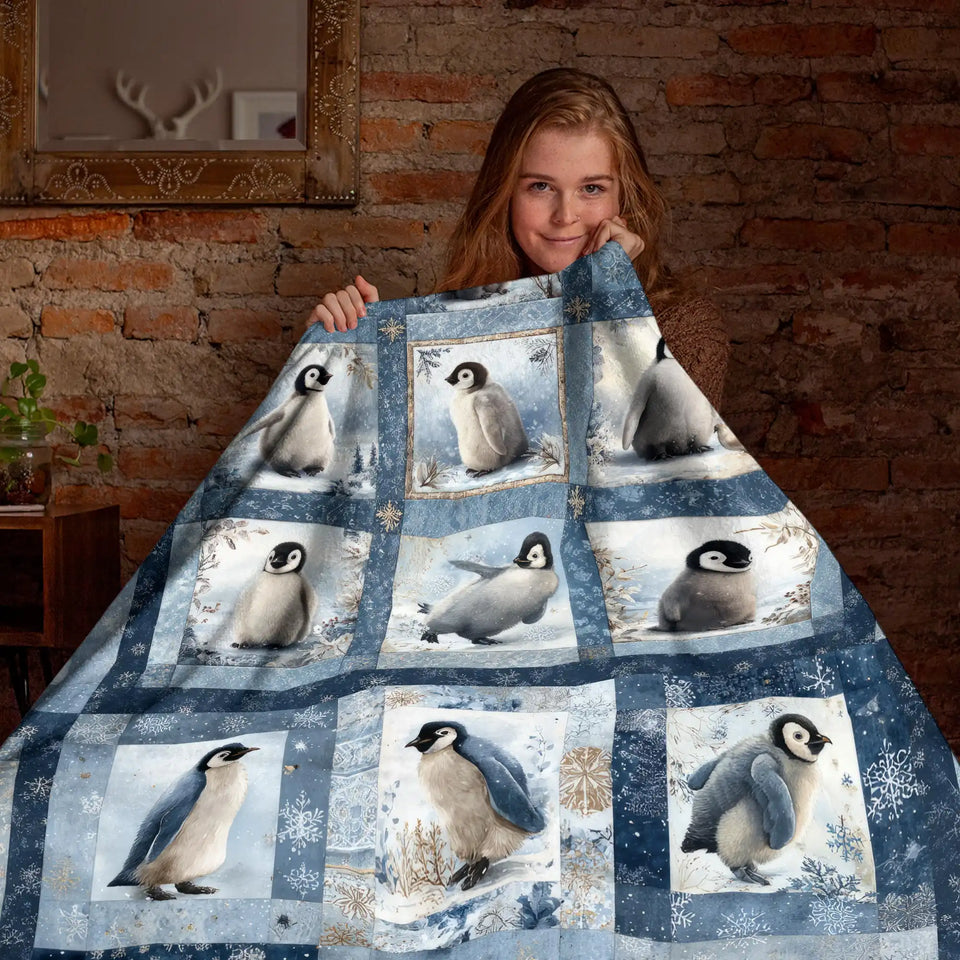 Penguin Winter Blanket – Blue Snowflake Patchwork-Inspired Throw