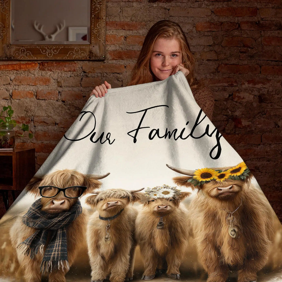 Personalized Highland Cow Family Blanket – Custom Names Family Gift