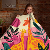 Retro Boho Giraffe Sherpa Blanket – Pink & Yellow Modern Tropical Throw