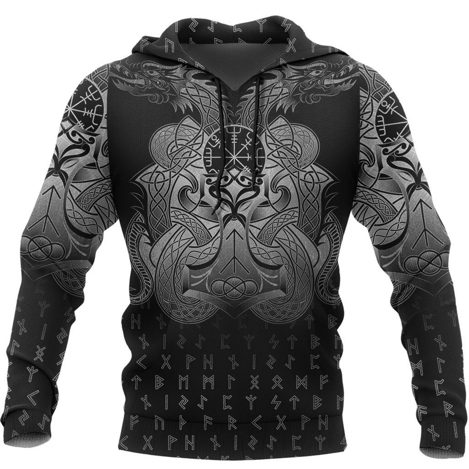 Unisex Hoodie All Over Print  Viking Gifts Vikings Vegvisir Mjolnir and Dragon Norse Tattoo Unisex Hoodie