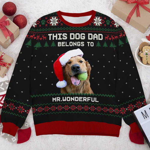 This Dog Dad Belongs To - Personalized Custom Unisex Ugly Christmas Sweatshirt All-Over-Print Upload