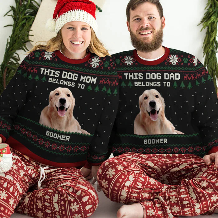 This Dog Dad Belongs To - Personalized Custom Unisex Ugly Christmas Sweatshirt All-Over-Print Upload