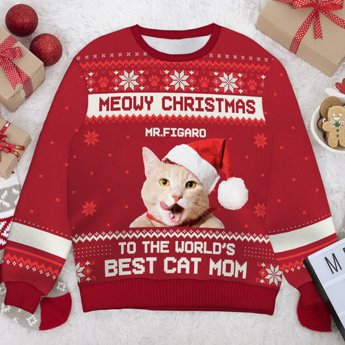 Meowy Christmas To The Best Cat Dad Cat Mom - Personalized Custom Unisex Ugly Christmas Sweatshirt, All-Over-Print Sweatshirt - Upload Image, Gift For Cat Lovers, Pet Lovers, Christmas Gift