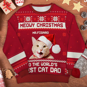 Meowy Christmas To The Best Cat Dad Cat Mom - Personalized Custom Unisex Ugly Christmas Sweatshirt, All-Over-Print Sweatshirt - Upload Image, Gift For Cat Lovers, Pet Lovers, Christmas Gift