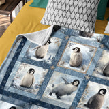 Penguin Winter Blanket – Blue Snowflake Patchwork-Inspired Throw