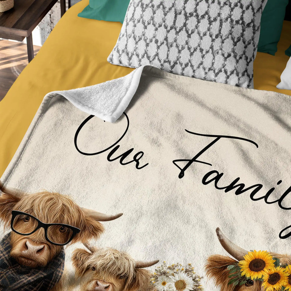 Personalized Highland Cow Family Blanket – Custom Names Family Gift