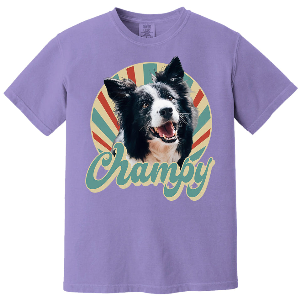 Custom Retro Pet Photo T-Shirt, Personalized Vintage Pet Portrait Tee with Name, Custom Dog or Cat Photo Gift
