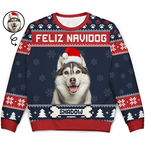 Custom Photo Feliz Navidog - Christmas Gift For Dog Lovers Cat Personalized Unisex Ugly Sweater