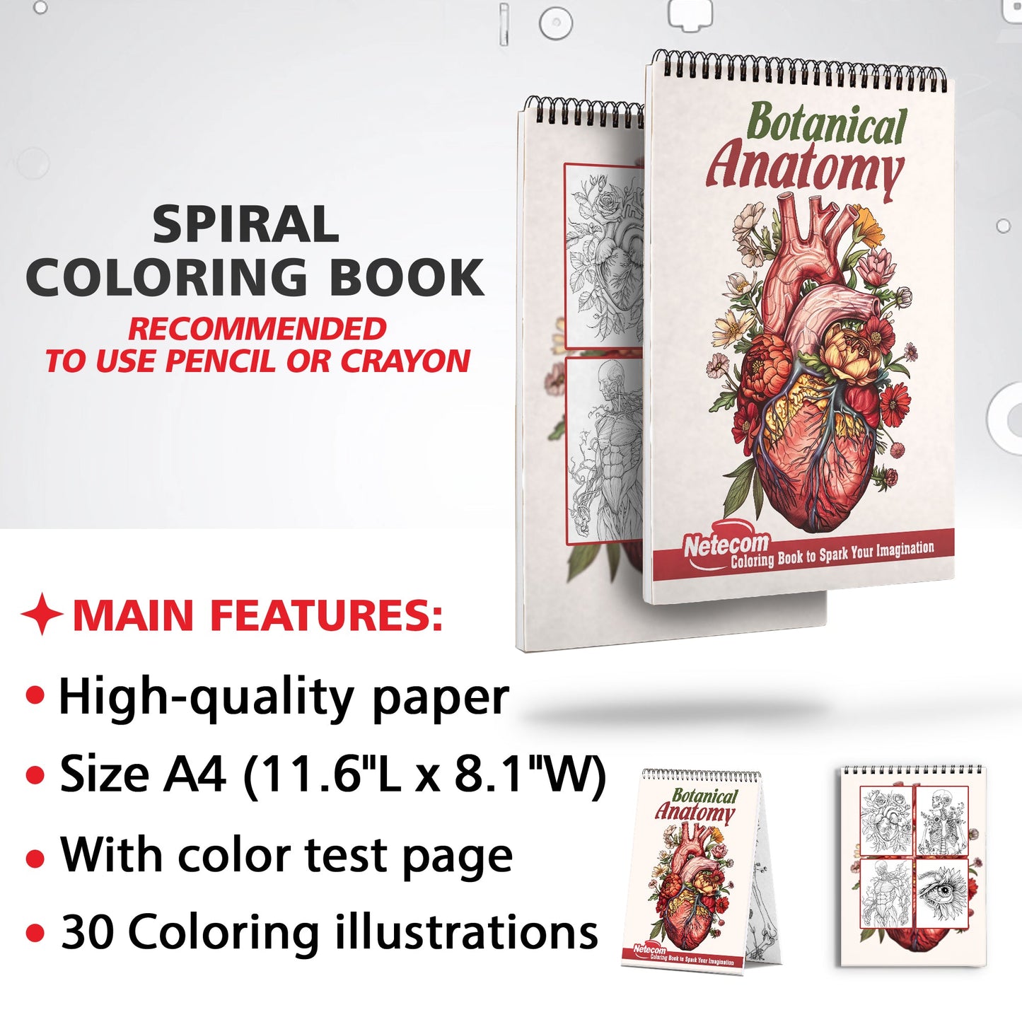 Netecom Botanical Anatomy Coloring Book for Adults, Spiral Bound Edition, Softcover