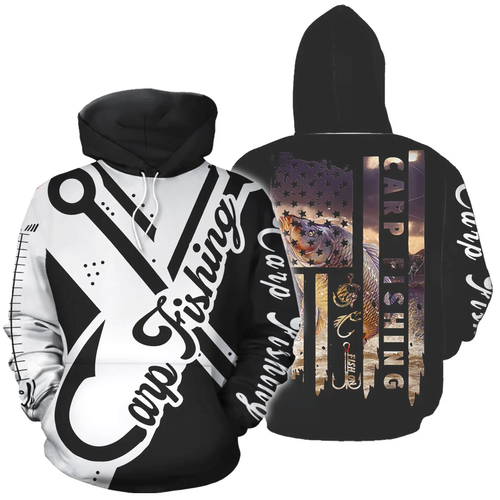 Unisex Hoodie All Over Print Fishing Gifts Carp Fishing and Flag Black White Unisex Hoodie