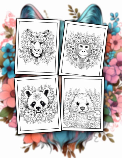 Floral Animals 30 Pages Printable Coloring Book