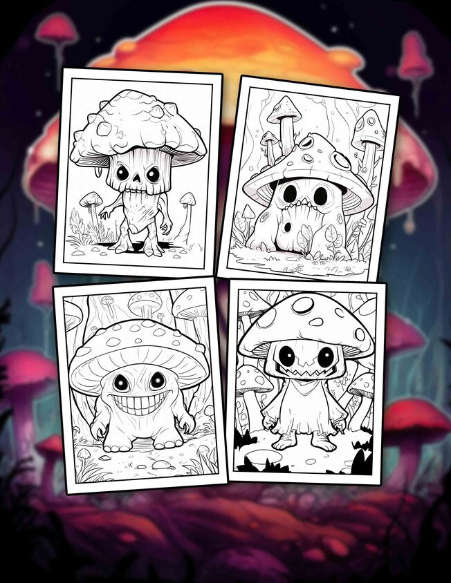 Creepy Kawaii Mushroom 30 Pages Printable Coloring Book