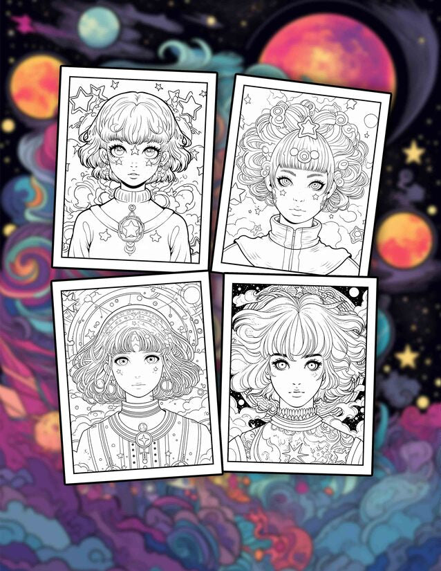 Stress Relief Anime Space Girl 30 Pages Printable Coloring Book