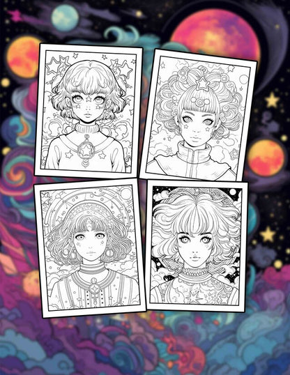 Stress Relief Anime Space Girl 30 Pages Printable Coloring Book