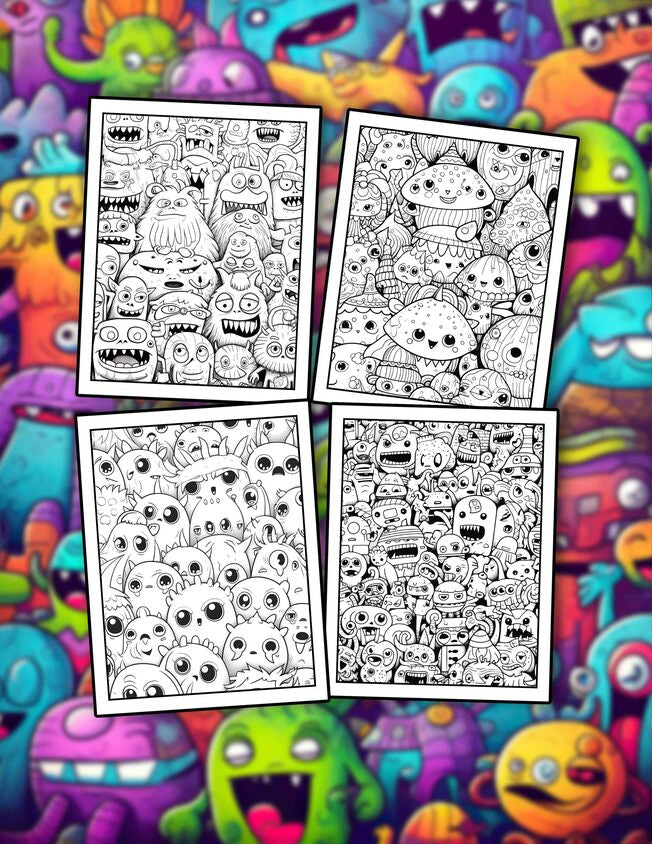 Monster Doodles 30 Pages Printable Coloring Book