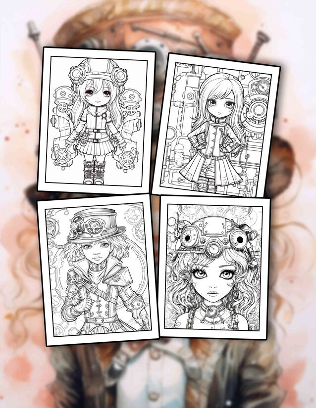 Kawaii Steampunk Girls 30 Pages Printable Coloring Book