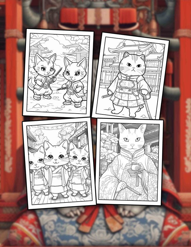 Japanese Cats 30 Pages Printable Coloring Book
