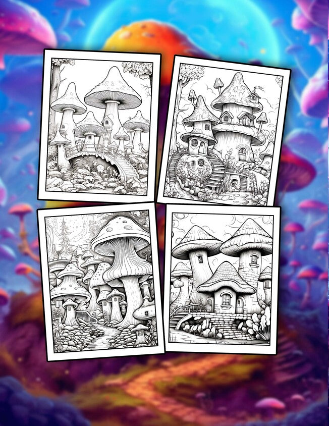 Fantasy Mushrooms Homes 30 Pages Printable Coloring Book