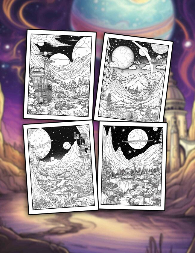Space Landscapes 25 Pages Printable Coloring Book