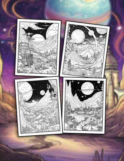 Space Landscapes 25 Pages Printable Coloring Book