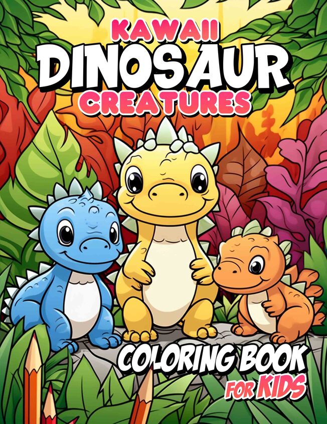 Kawaii Dinosaur Creatures For Kids 30 Pages Printable Coloring Book
