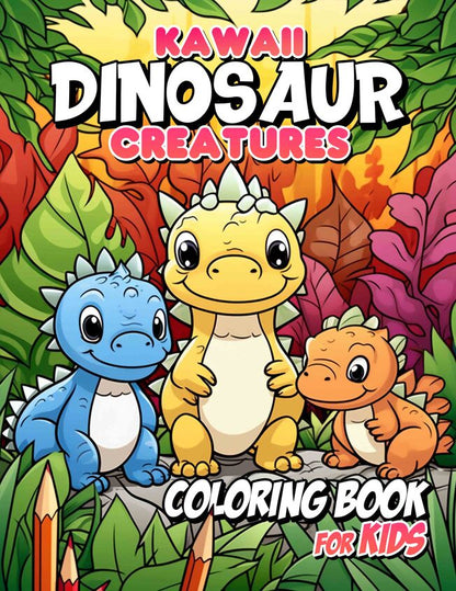 Kawaii Dinosaur Creatures For Kids 30 Pages Printable Coloring Book