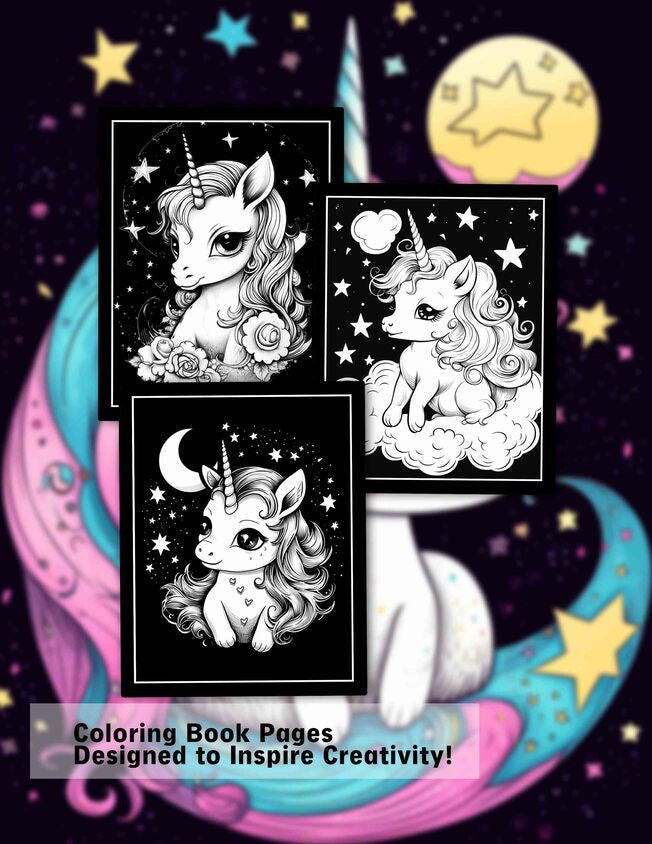 Midnight Baby Unicorn 30 Pages Printable Coloring Book