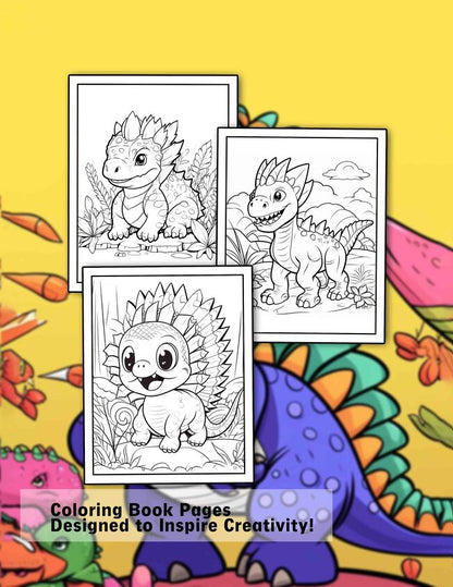 Kawaii Dinosaur Creatures For Kids 30 Pages Printable Coloring Book