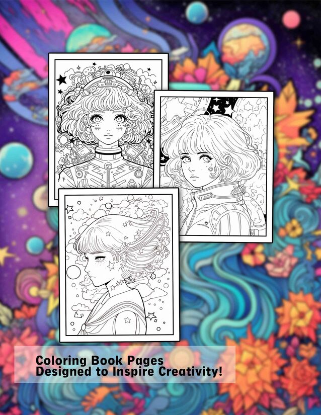 Stress Relief Anime Space Girl 30 Pages Printable Coloring Book