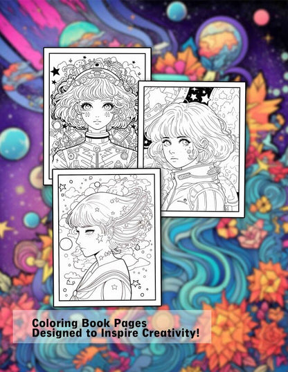 Stress Relief Anime Space Girl 30 Pages Printable Coloring Book