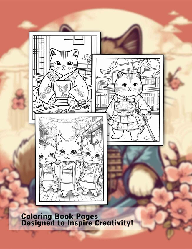Japanese Cats 30 Pages Printable Coloring Book