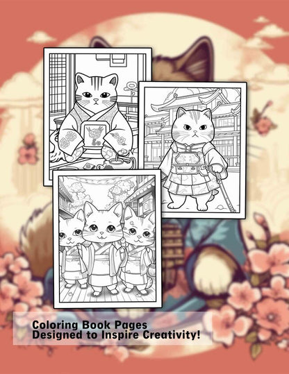 Japanese Cats 30 Pages Printable Coloring Book