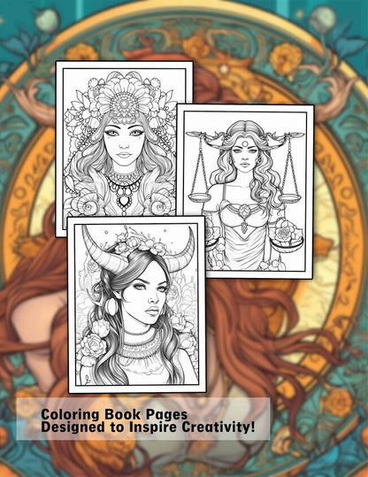 Zodiac Girls 30 Pages Printable Coloring Book