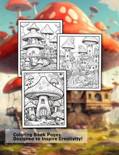 Fantasy Mushrooms Homes 30 Pages Printable Coloring Book