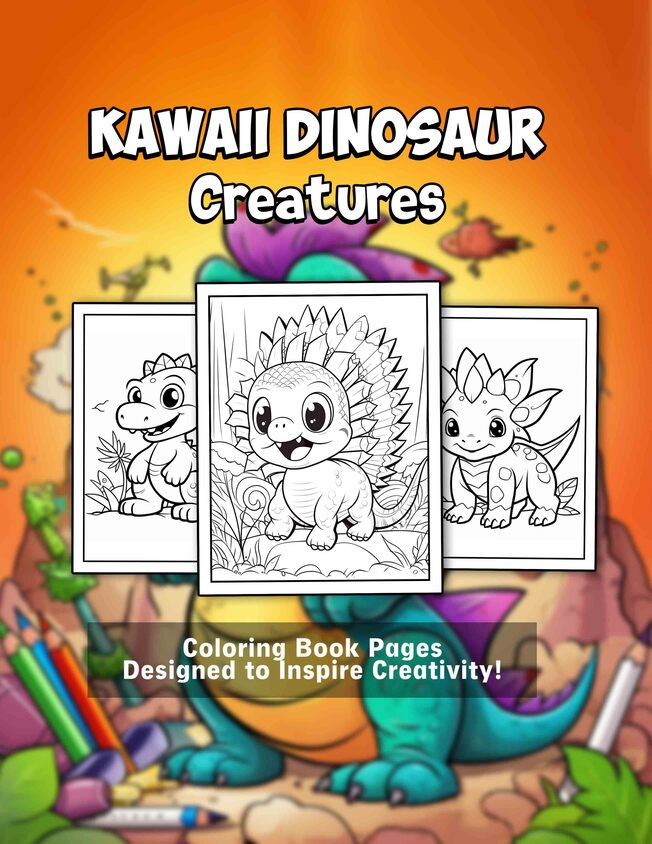 Kawaii Dinosaur Creatures For Kids 30 Pages Printable Coloring Book