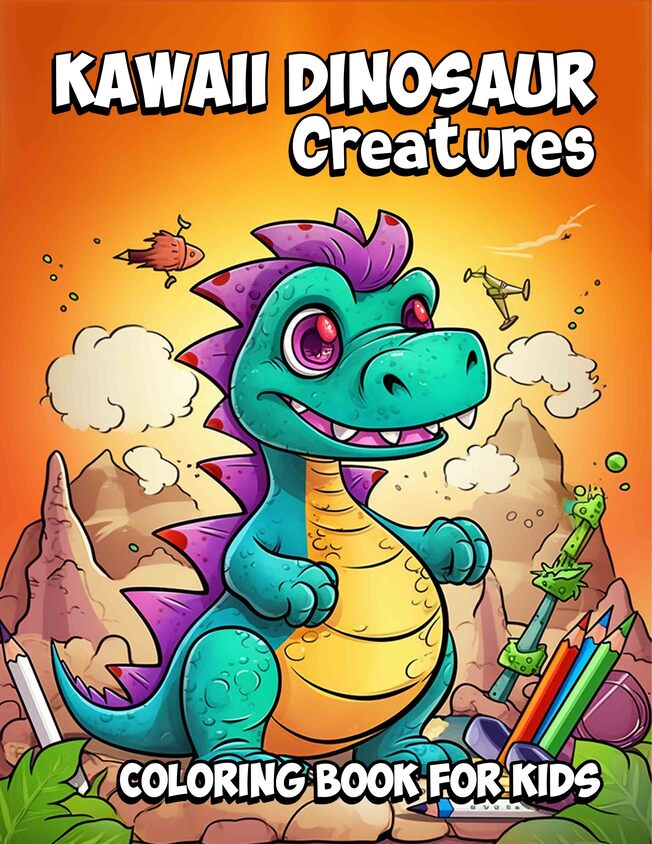 Kawaii Dinosaur Creatures For Kids 30 Pages Printable Coloring Book